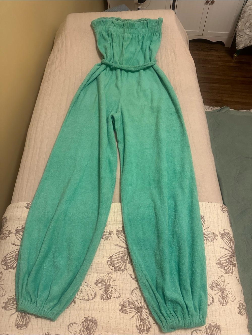 Vintage Ladies Aqua Strapless Terry Jumpsuit with Drawstring Waist - Picture 5 of 5
